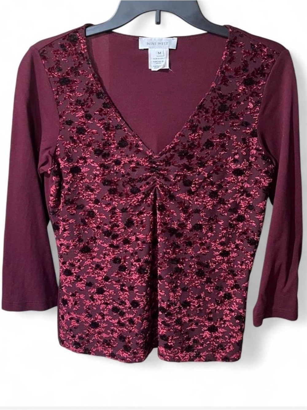 Nine West Maroon Floral Velvet Burnout V-Neck Long Sleeve Top